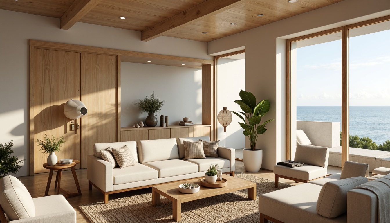 Prompt: Calming coastal living room, soft sandy beige walls, natural wood accents, acoustic panels, sound-absorbing materials, minimal ornamentation, comfortable plush furniture, large windows, ocean views, gentle sea breeze, soothing soundscapes, warm ambient lighting, shallow depth of field, 2/3 composition, relaxed atmosphere, peaceful ambiance, subtle texture details, realistic reflections.