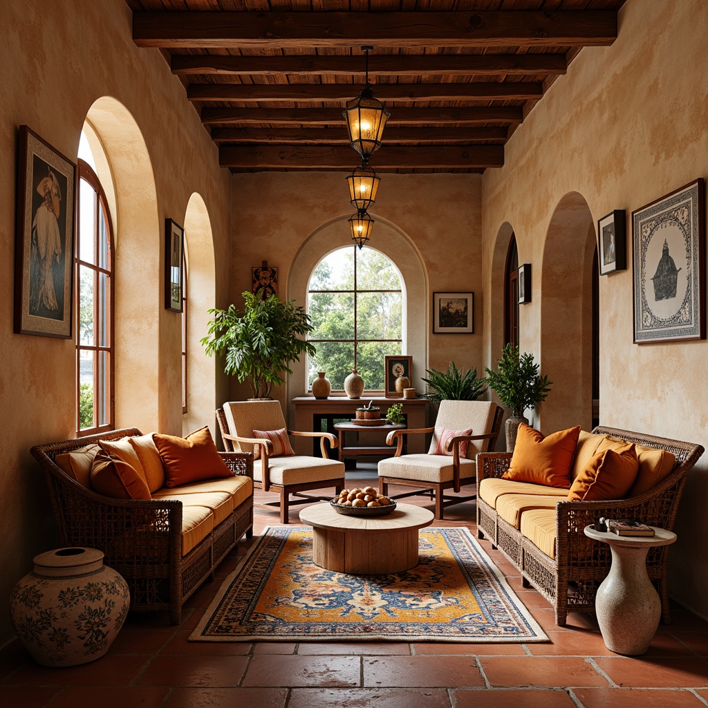 Prompt: Warm Mediterranean interior, rustic stone walls, terracotta flooring, ornate wooden furniture, plush velvet sofas, woven wicker chairs, distressed leather armchairs, vintage Moroccan tiles, colorful ceramic vases, lush greenery, natural fiber rugs, elegant archways, soft warm lighting, shallow depth of field, 3/4 composition, inviting conversation pit, cozy reading nook, ornate wooden ceiling, decorative metal lanterns, ambient occlusion.