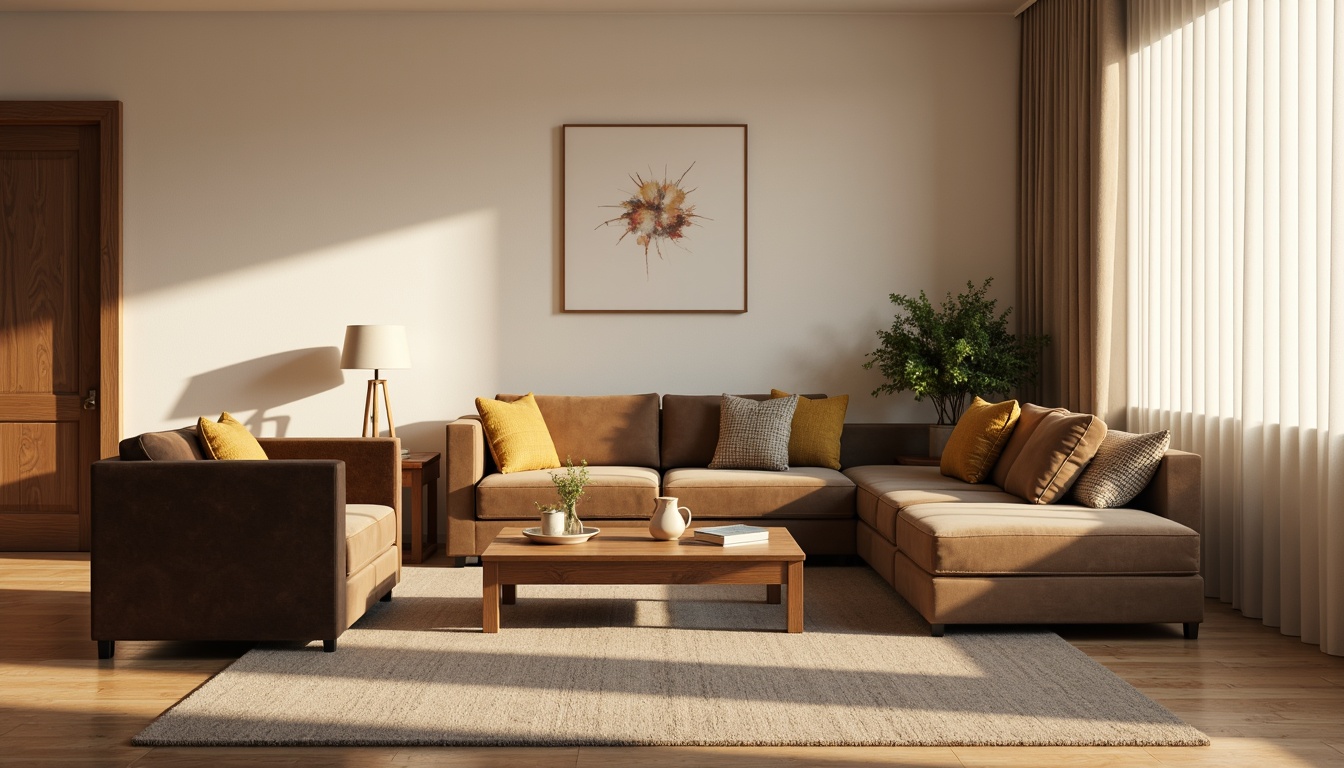 Prompt: Cozy living room, plush sofas, velvet armchairs, wooden coffee tables, minimalist decor, warm beige walls, soft carpet flooring, floor lamps, modern sectional sofas, adjustable headrests, ergonomic designs, sturdy oak legs, comfortable cushions, velvety upholstery, subtle patterns, calming atmosphere, natural light, sheer curtains, 1/2 composition, relaxed mood, ambient lighting.