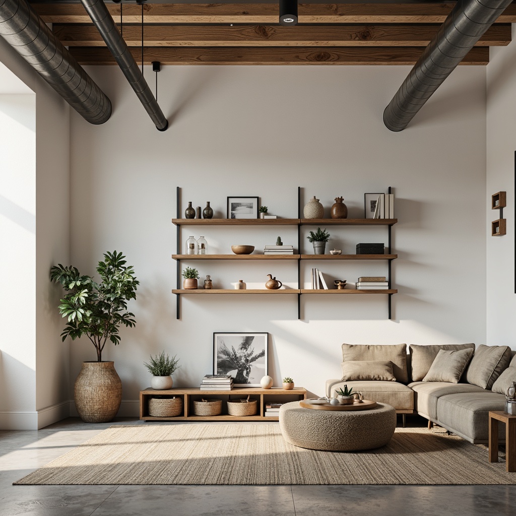 Prompt: Minimalist living room, sleek shelves, wooden accents, industrial pipes, modern lighting fixtures, monochromatic color scheme, Scandinavian-inspired decor, spacious floor plan, natural textiles, woven baskets, geometric patterns, subtle textures, soft warm lighting, 1/1 composition, realistic reflections, ambient occlusion.