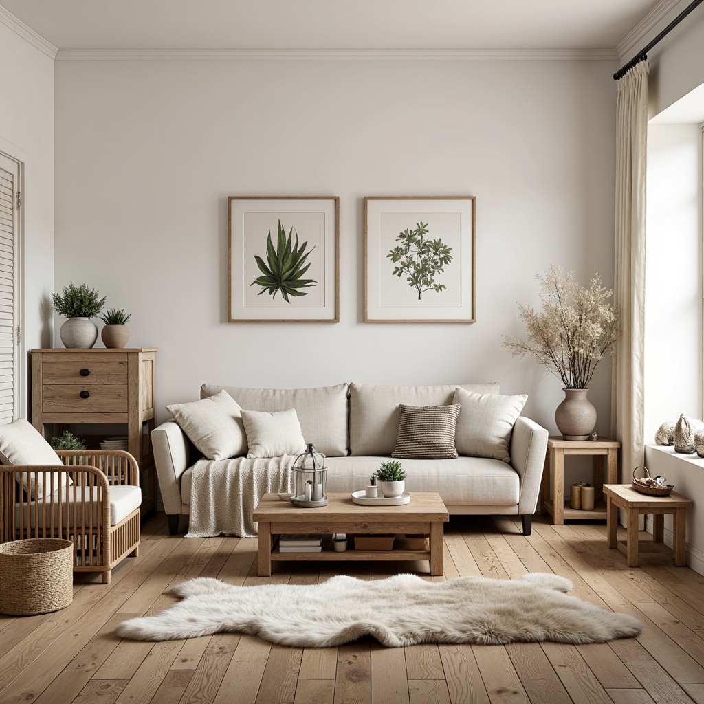 Prompt: Cozy Scandinavian living room, natural oak wood flooring, rustic wooden accents, woven wicker furniture, plush sheepskin throws, creamy white walls, minimalist decor, organic textures, earthy color palette, soft warm lighting, candles, lanterns, botanical prints, potted greenery, vintage wooden crates, distressed finishes, nature-inspired patterns, simple clean lines, functional minimalism, airy open space, 1/1 composition, realistic wood grain, subtle ambient occlusion.