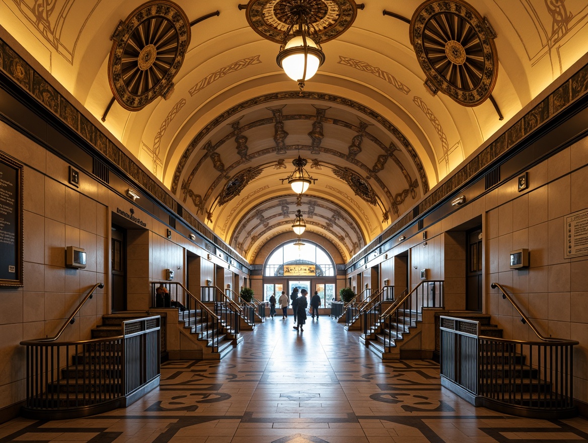 Prompt: Ornate metro station, grand entrance halls, geometric patterned floors, metallic banisters, ornamental railings, vintage lamps, curved lines, zigzag motifs, sunburst designs, chevron patterns, luxurious materials, polished marble walls, brass fixtures, chrome accents, stylized typography, historic signage, Beaux-Arts influences, Parisian flair, warm golden lighting, shallow depth of field, 1/2 composition, symmetrical framing, realistic textures, ambient occlusion.