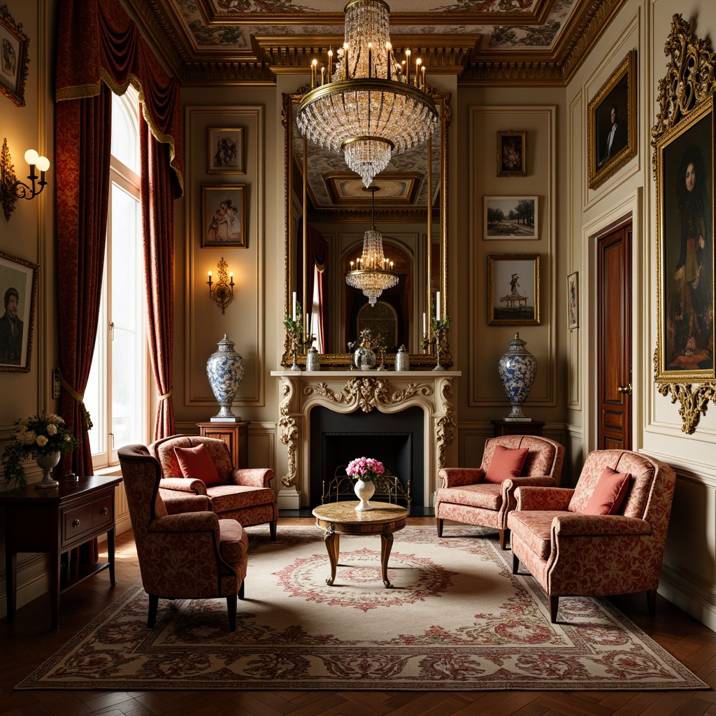 Prompt: Opulent Rococo interior, lavish furnishings, intricately carved wooden furniture, ornate mirrors, gilded frames, plush velvet upholstery, rich brocade fabrics, delicate porcelain vases, crystal chandeliers, soft golden lighting, subtle shadows, 1/1 composition, shallow depth of field, warm color palette, elegant curves, refined details, luxurious textures, sophisticated ambiance.