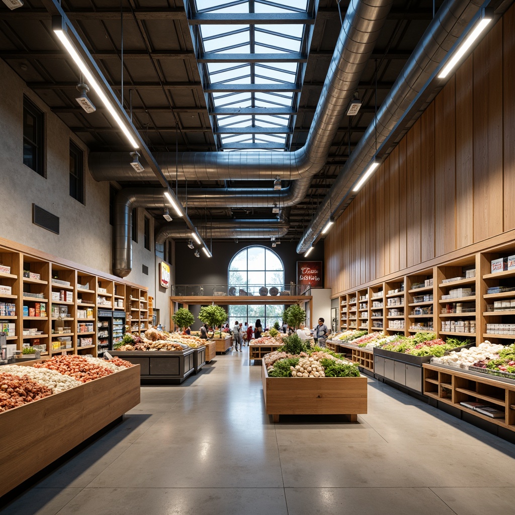 Prompt: Sophisticated grocery store interior, high ceilings, exposed ductwork, polished concrete floors, industrial-style shelving units, LED track lighting, suspended linear luminaires, warm-toned wood accents, minimalist product displays, modernist architecture, abundant natural light, clerestory windows, diffuse softbox lighting, 1/1 composition, shallow depth of field, realistic textures, ambient occlusion.