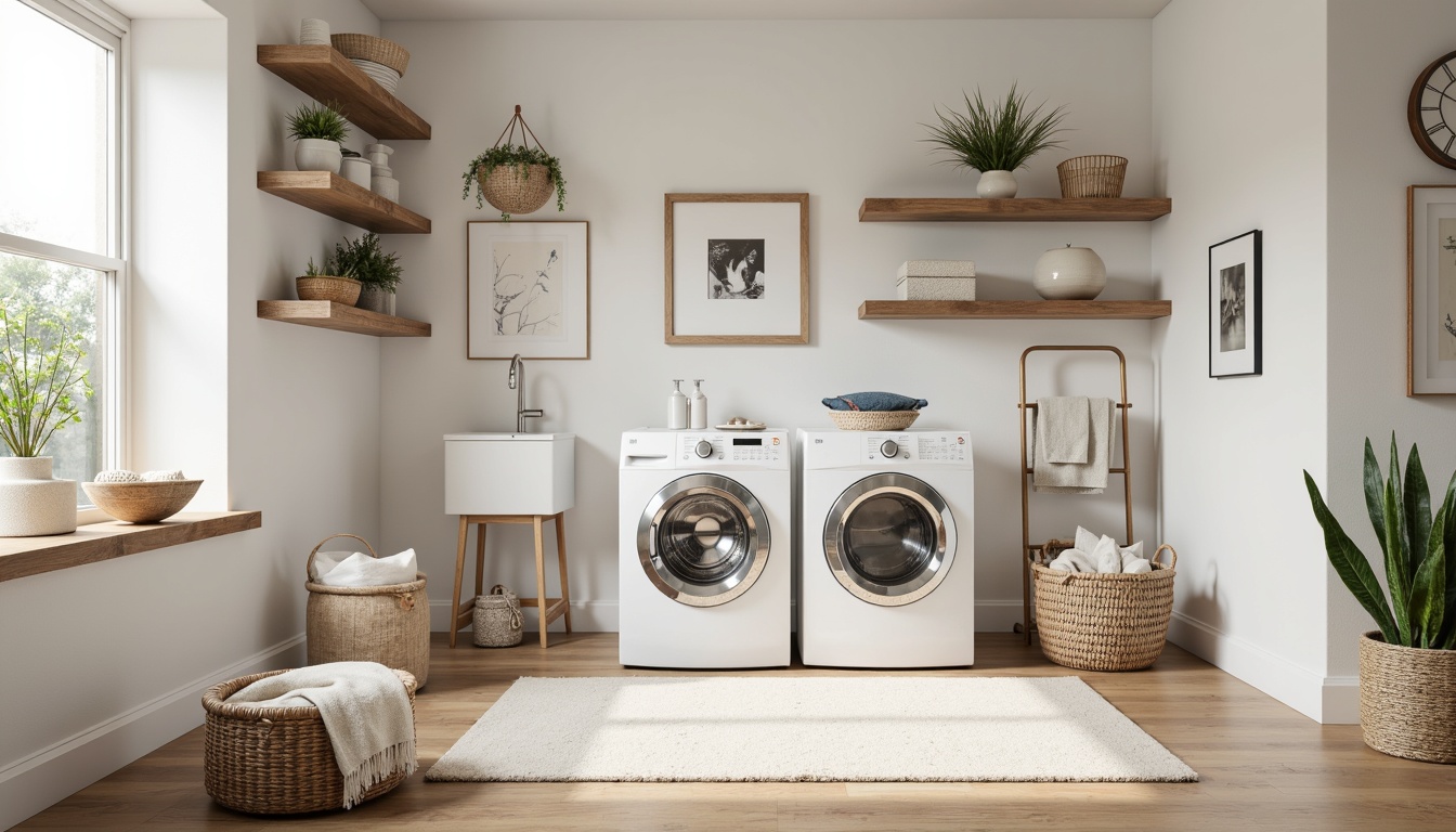 Prompt: Soft laundry room ambiance, calming color scheme, creamy whites, soothing blues, warm beige tones, natural wood textures, subtle fabric patterns, gentle lighting, cozy nooks, functional shelving, modern appliances, stainless steel accents, fresh floral arrangements, airy openness, shallow depth of field, 1/1 composition, realistic renderings, ambient occlusion.