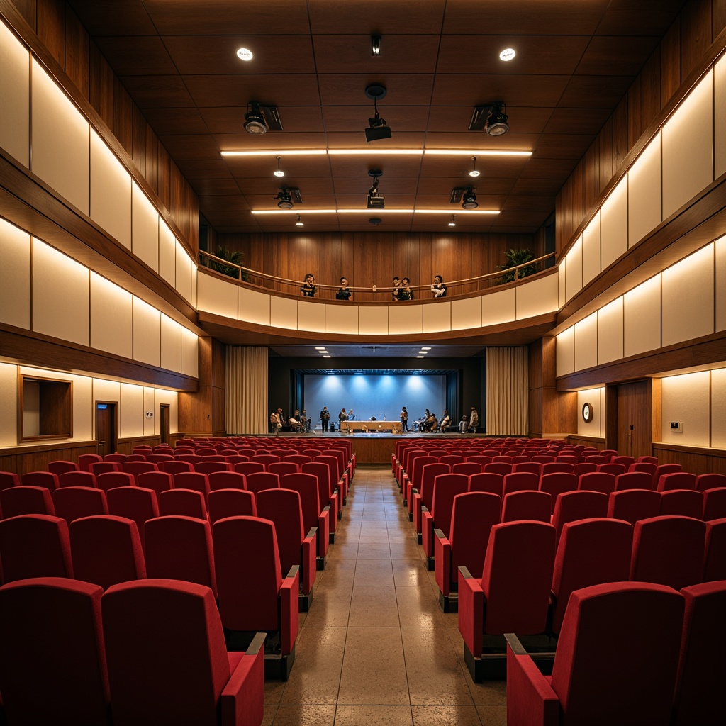 Prompt: Elegant auditorium, rich wood tones, plush red velvet seats, golden lighting fixtures, soft beige walls, acoustic panels, modern minimalism, subtle curves, sophisticated ambiance, dramatic stage lighting, warm spotlights, cool blue undertones, neutral background, cream-colored curtains, dark wood floors, sleek metal railings, ornate details, luxurious textiles, refined color harmony, 1/2 composition, shallow depth of field, soft focus blur.