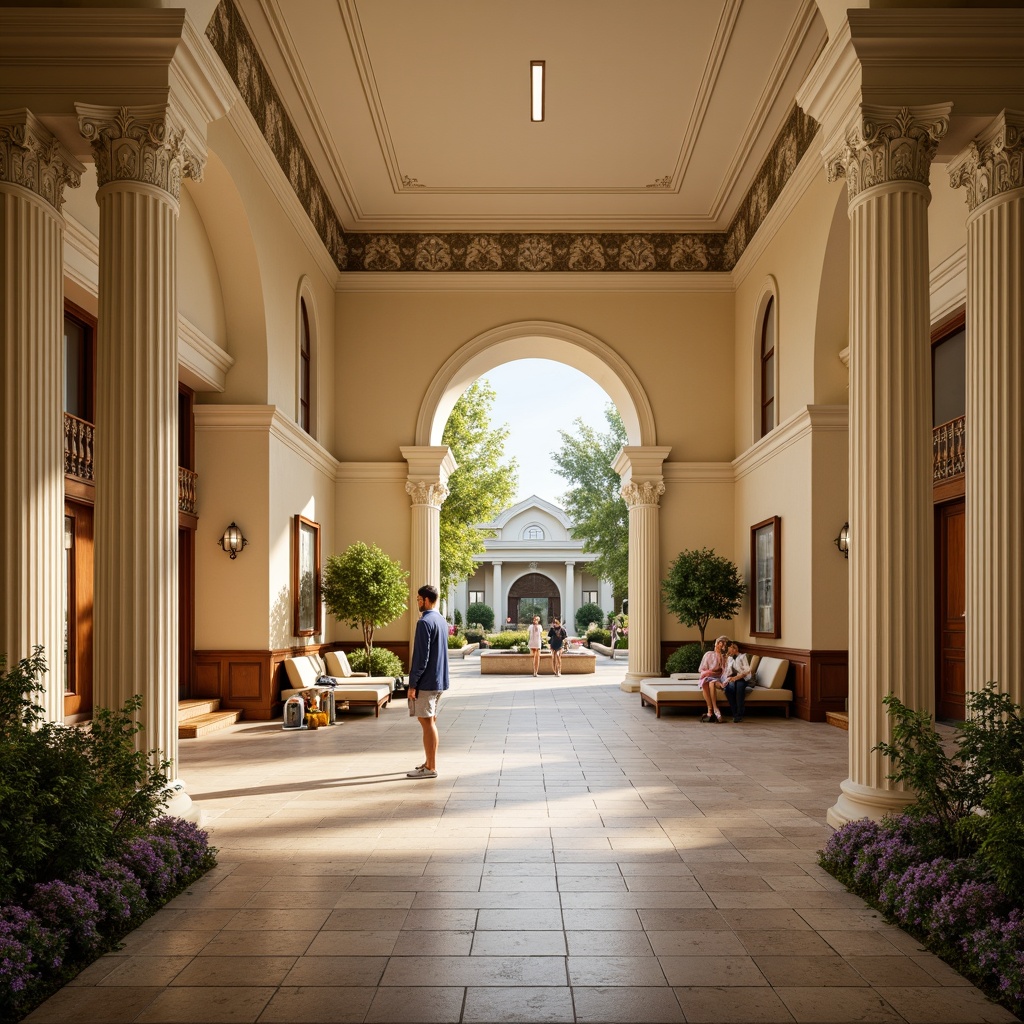 Prompt: Grandiose healthcare facility, elegant columns, ornate arches, symmetrical fa\u00e7ade, wheelchair-accessible ramps, gentle sloping walkways, wide corridors, spacious waiting areas, comfortable seating, natural stone flooring, warm beige walls, soft golden lighting, subtle texture overlays, realistic reflections, shallow depth of field, 2/3 composition, harmonious color palette, serene atmosphere, peaceful courtyard, lush greenery, vibrant flowers.