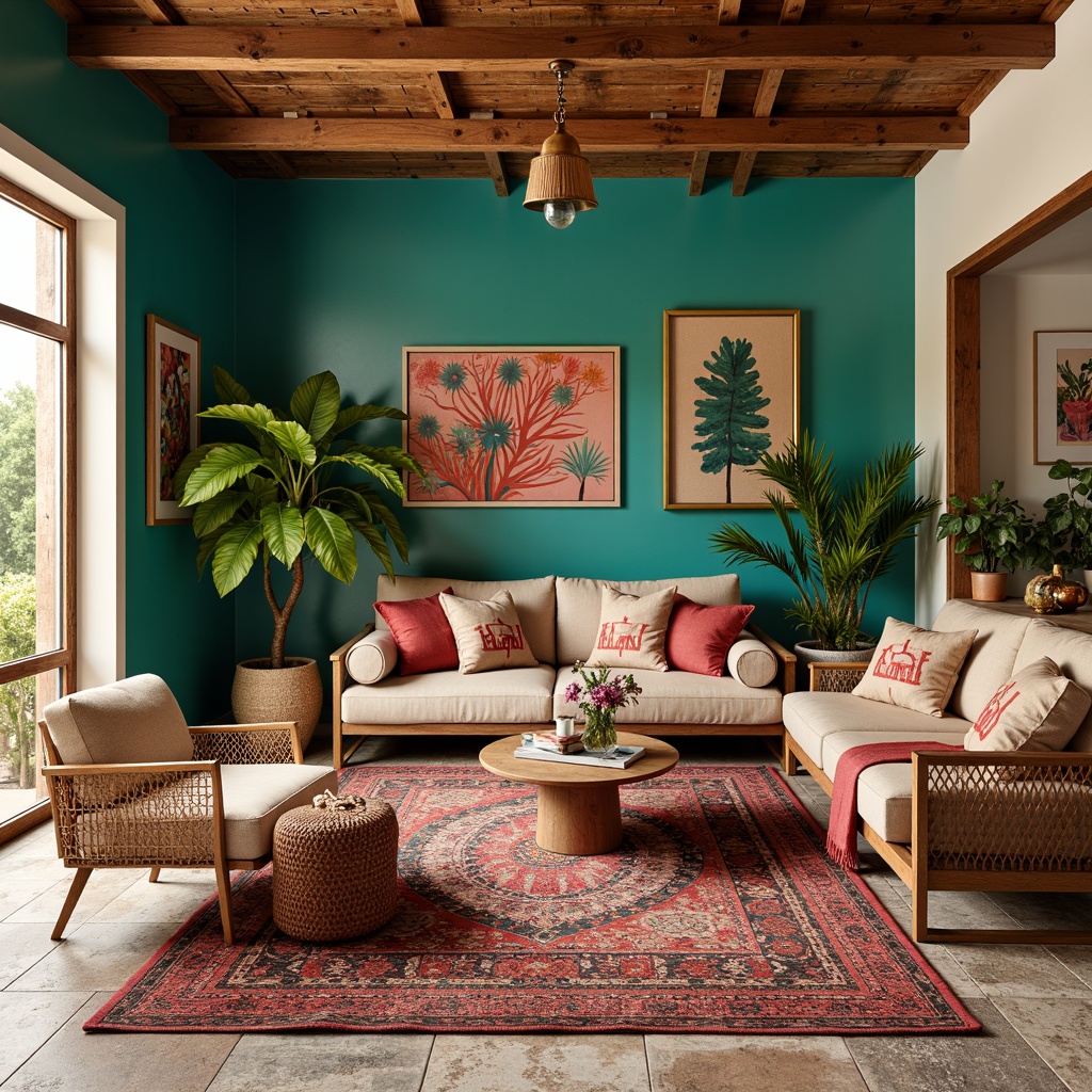 Prompt: Vibrant bohemian living room, eclectic furniture mix, bold patterned rugs, distressed wood accents, Moroccan-inspired tiles, lush greenery, warm golden lighting, rich turquoise walls, creamy white trim, natural linen fabrics, woven baskets, global cultural artifacts, ornate metal frames, abstract artwork, playful pops of coral, soft beige textures, laid-back atmosphere, relaxed composition, harmonious color balance.