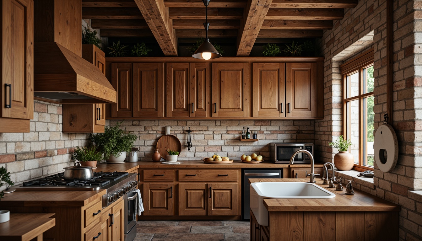 Prompt: Cozy kitchen, rustic wooden cabinets, earthy color scheme, pendant lanterns, metal shades, vintage-inspired lighting, copper accents, distressed finishes, exposed brick walls, wooden beams, farmhouse sink, traditional craftsmanship, warm ambient lighting, soft shadows, 1/1 composition, realistic textures, natural materials.