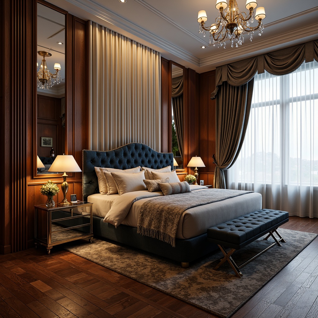 Prompt: Luxurious bedroom, velvet upholstered headboard, polished chrome legs, ornate mirrors, geometric patterns, rich wood tones, high-gloss finishes, elegant nightstands, crystal chandeliers, plush area rugs, lavish drapery, sophisticated color palette, curved lines, metallic accents, opulent textures, dramatic lighting, 1/1 composition, shallow depth of field, softbox lighting, warm atmospheric ambiance.