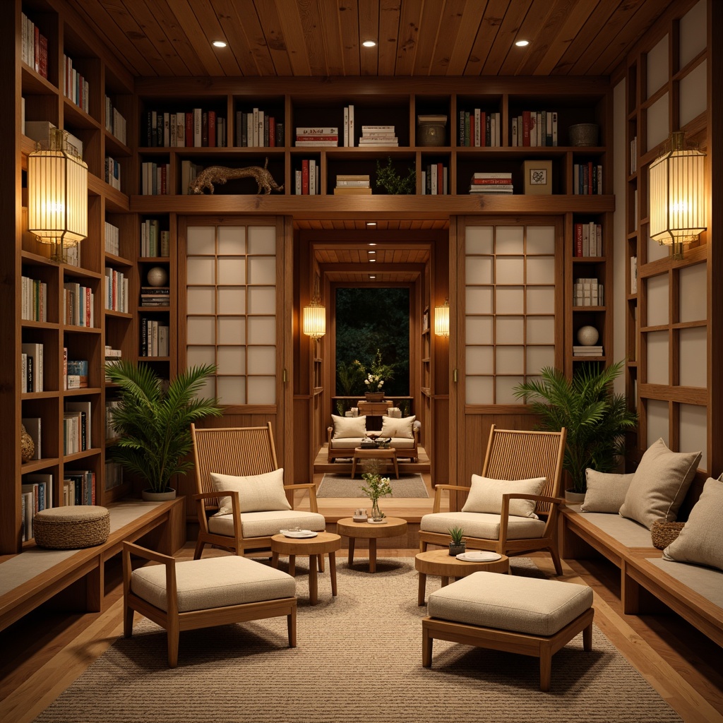 Prompt: Cozy reading nook, Asian-inspired furnishings, wooden accents, woven bamboo chairs, plush cushions, natural fabrics, minimalist decor, warm lighting, paper lanterns, subtle aromas, traditional Japanese sliding doors, floor-to-ceiling bookshelves, rich wood tones, comfortable lounge seating, quiet atmosphere, soft background music, shallow depth of field, 1/1 composition, realistic textures, ambient occlusion.