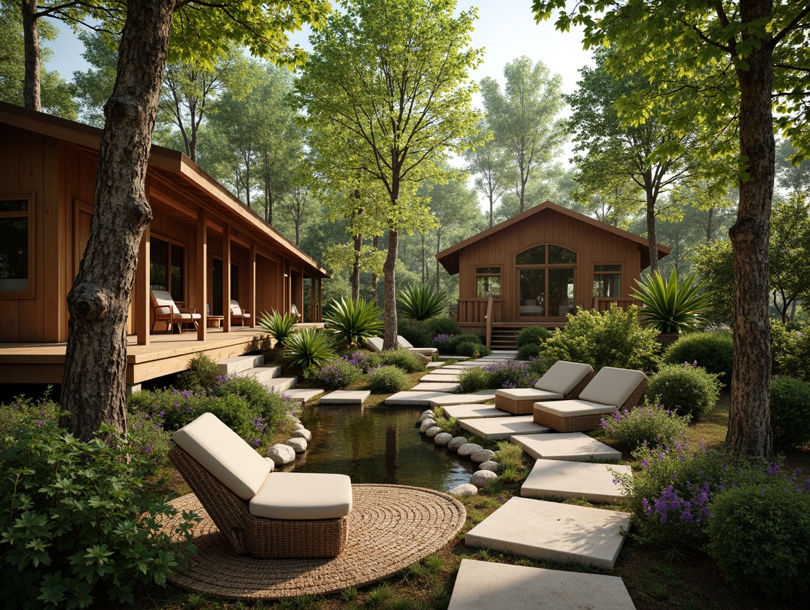 Prompt: Tranquil forest, lush foliage, rustic wooden cabins, serene water features, natural stone pathways, earthy tones, organic shapes, woven rattan furniture, soft moss, gentle sunlight, warm beige colors, cozy atmosphere, shallow depth of field, 1/1 composition, realistic textures, ambient occlusion.