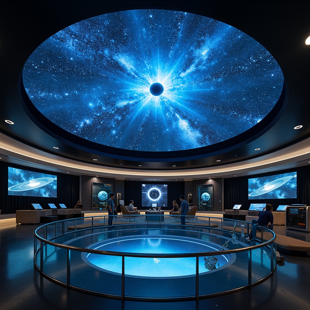 Prompt: Cosmic planetarium interior, starry night sky, dome-shaped ceiling, 360-degree surround visuals, immersive audio systems, circular seating arrangement, interactive exhibits, futuristic astronomical instruments, sleek metal railings, glass floors, ambient LED lighting, soft blue glow, shallow depth of field, 1/1 composition, wide-angle lens, realistic textures, atmospheric fog effects.