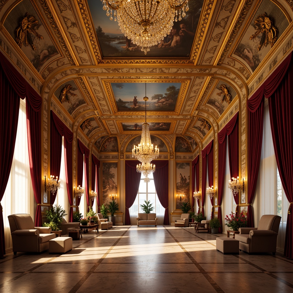 Prompt: Opulent palace interior, grand chandeliers, ornate gilded frames, sparkling crystal droplets, intricate fresco ceilings, lavish velvet drapes, richly polished marble floors, regal throne-like seating, majestic coved archways, dramatic spotlights, warm golden lighting, soft shadows, 1/1 composition, high-contrast ratio, realistic reflections, ambient occlusion.