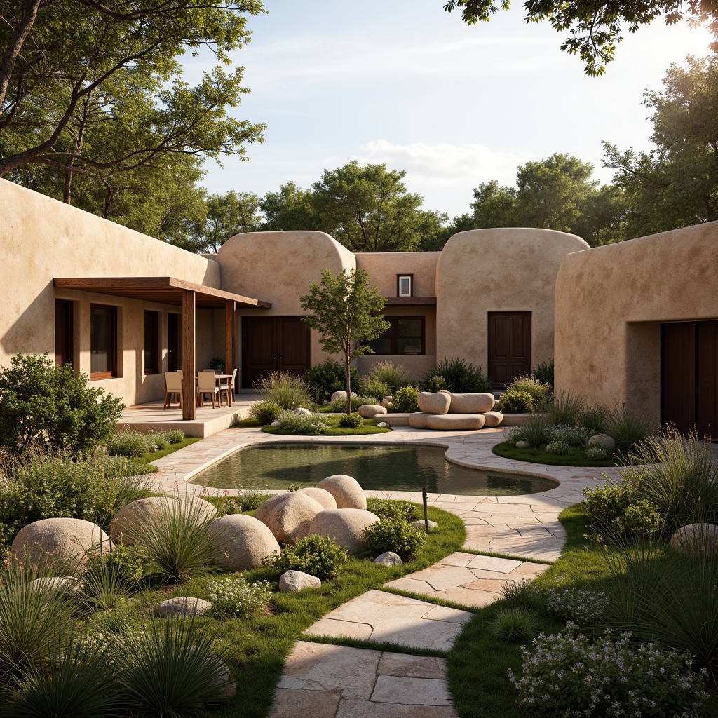 Prompt: Earth-toned rammed earth home, natural landscape integration, curved lines, organic forms, blending with surroundings, lush green roofs, native plants, wildflowers, rustic wooden doors, stone pathways, meandering walkways, outdoor seating areas, shaded verandas, cantilevered overhangs, soft warm lighting, afternoon sunbeams, 1/1 composition, realistic textures, ambient occlusion.