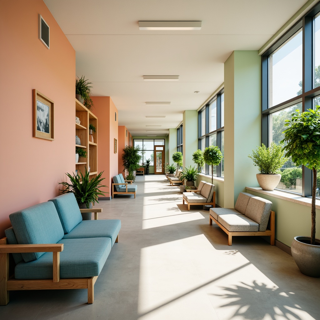 Prompt: Vibrant student hall, refreshing atmosphere, pastel color scheme, soft peach walls, creamy white ceilings, mint green accents, calming blue furniture, natural wood textures, minimalist decorations, modern lighting fixtures, cozy reading nooks, comfortable sofas, lush greenery, abundant daylight, warm afternoon sunlight, shallow depth of field, 1/2 composition, realistic rendering, ambient occlusion.