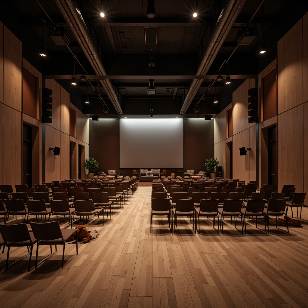 Prompt: Minimalist theater interior, sleek wooden flooring, sparse audience seating, modern ergonomic chairs, staggered row arrangement, intimate performance space, industrial metal beams, exposed ductwork, dramatic spotlights, warm ambient lighting, shallow stage depth, 1/2 composition, cinematic framing, realistic fabric textures, subtle gradient backgrounds, evening atmosphere, soft focus blur.