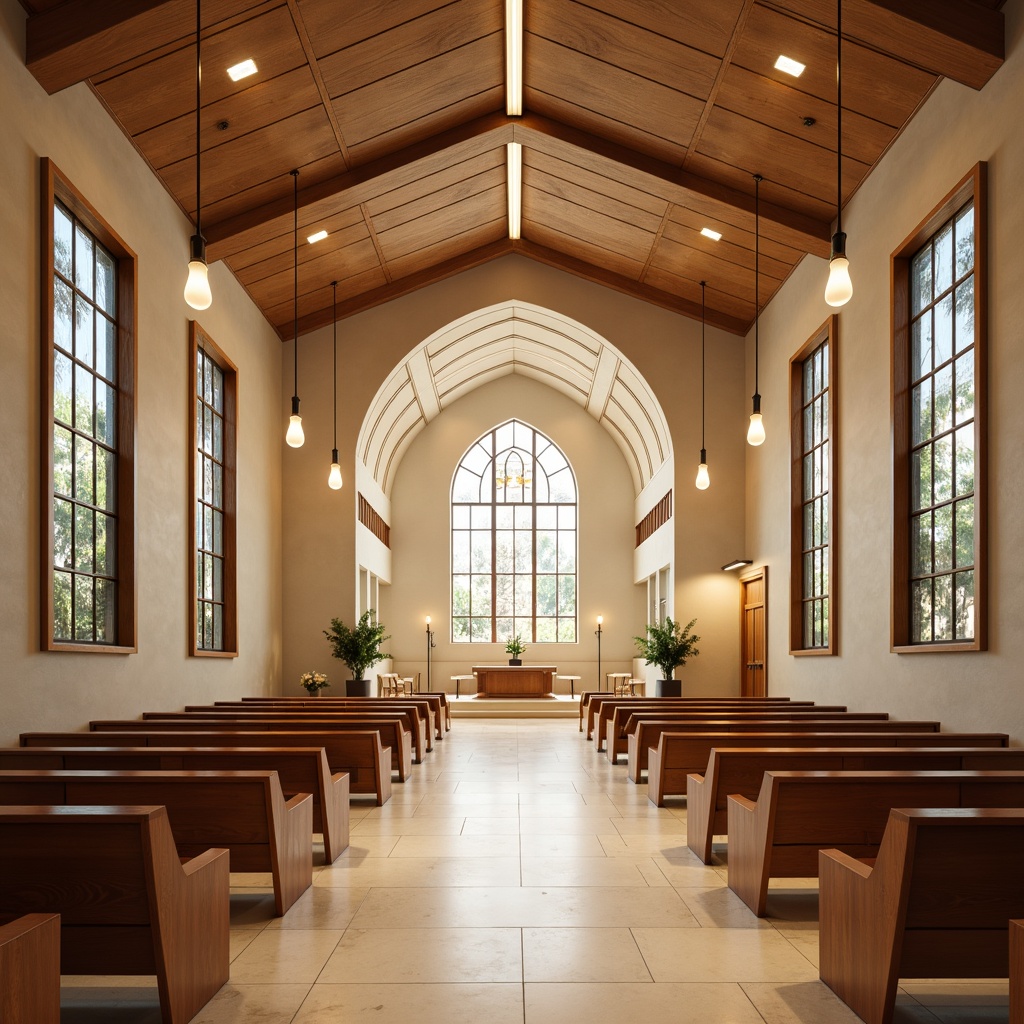 Prompt: Streamlined modern church interior, minimalist altar, sleek wooden pews, stained glass windows, ambient warm lighting, innovative light fixtures, suspended ceiling lamps, LED strip lights, geometric patterns, polished chrome accents, creamy white marble floors, subtle texture contrasts, shallow depth of field, 1/1 composition, panoramic view, realistic reflections, soft box lighting.