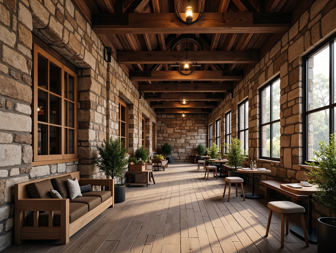 Prompt: Rustic stone walls, earthy tones, natural rock formations, wooden accents, reclaimed wood planks, exposed brick facades, rough-hewn stone columns, ornate metalwork, distressed finishes, vintage industrial decor, urban loft atmosphere, soft warm lighting, shallow depth of field, 3/4 composition, panoramic view, realistic textures, ambient occlusion.