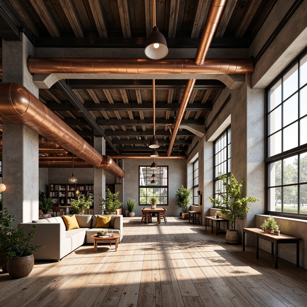 Prompt: Industrial loft, exposed ductwork, metal beams, reclaimed wood floors, concrete walls, urban aesthetic, metallic accents, copper pipes, steel frames, bronze fixtures, industrial lighting, pendant lamps, minimalist decor, functional spaces, open-plan layout, natural ventilation, abundant natural light, soft shadows, 3/4 composition, warm color palette, realistic textures.