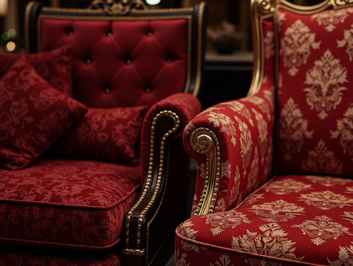 Prompt: Luxurious velvet fabrics, rich jewel-toned colors, ornate patterns, golden accents, subtle sheen, heavy drapery, opulent furnishings, sophisticated upholstery, elegant trimmings, refined embroidery, stately damask motifs, majestic brocade textures, sumptuous silk materials, soft warm lighting, shallow depth of field, 3/4 composition, realistic textures, ambient occlusion.