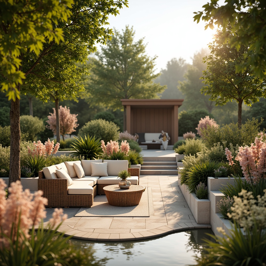 Prompt: Vibrant botanical garden, lush greenery, pastel flowers, soft peach tones, creamy whites, warm beige accents, natural wood textures, woven wicker furniture, elegant stone pathways, serene water features, gentle morning light, warm golden hour, shallow depth of field, 2/3 composition, realistic renderings, ambient occlusion.