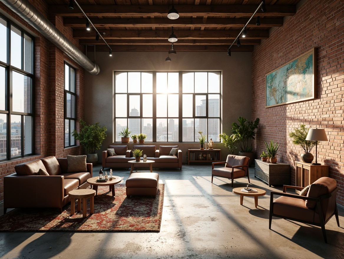 Prompt: Industrial chic loft, exposed brick walls, polished concrete floors, high ceilings, minimalist decor, art deco patterns, metallic accents, reclaimed wood beams, vintage furniture pieces, eclectic artwork, abundant natural light, dramatic shadows, urban landscape views, cityscape panorama, warm afternoon sunlight, softbox lighting, 1/2 composition, atmospheric perspective, detailed textures.