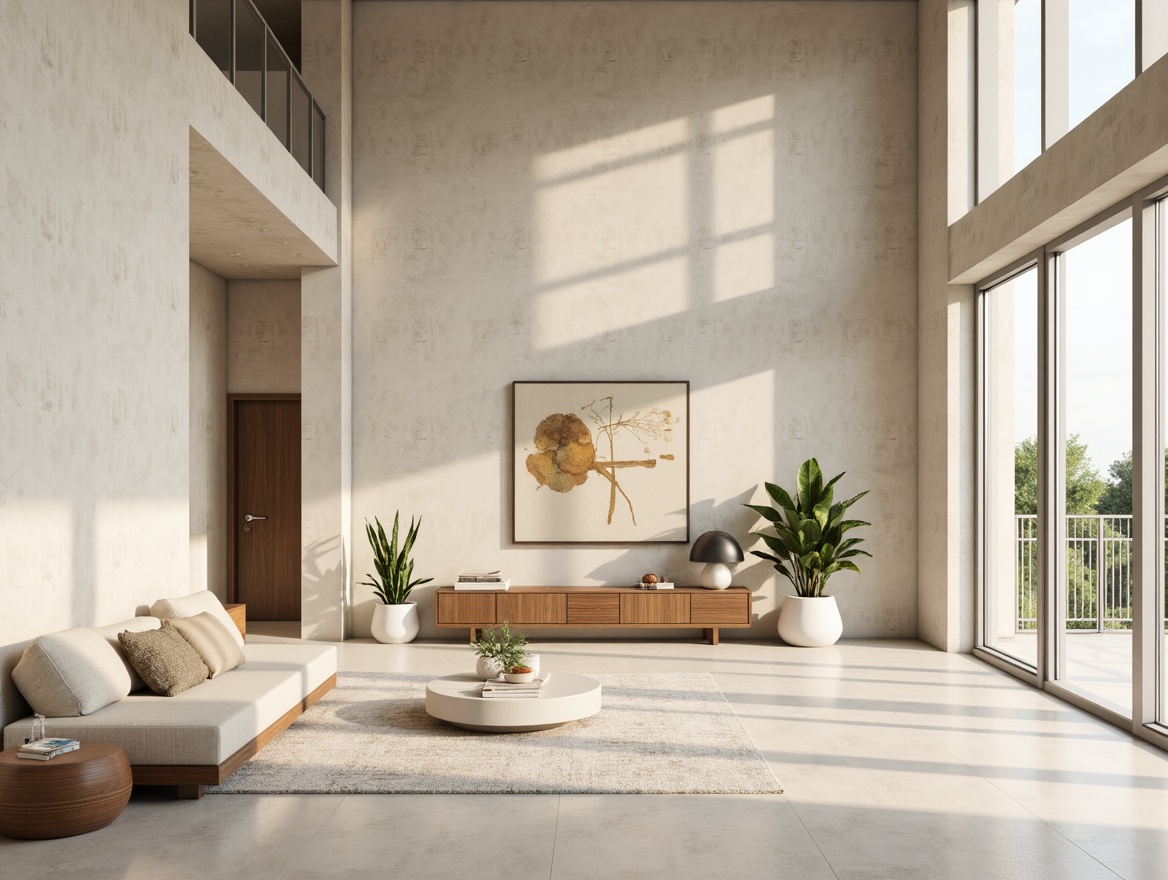 Prompt: Neutral tone walls, soft matte finishes, subtle texture variations, warm beige colors, creamy whites, gentle wood accents, sleek metal trim, minimalist decor, modern abstract artwork, floor-to-ceiling windows, abundant natural light, airy open spaces, 3/4 composition, shallow depth of field, realistic renderings.