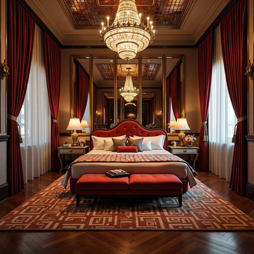 Prompt: Luxurious Art Deco bedroom, opulent velvet drapes, rich wooden flooring, geometric patterned rug, ornate metal frames, lavish crystal chandeliers, sleek low-profile bed, tufted upholstery, curved lines, metallic accents, bold colorful fabrics, glamorous mirrors, high-gloss finishes, ambient soft lighting, shallow depth of field, 1/1 composition, warm neutral color palette, sophisticated textures, elegant decorative accessories.