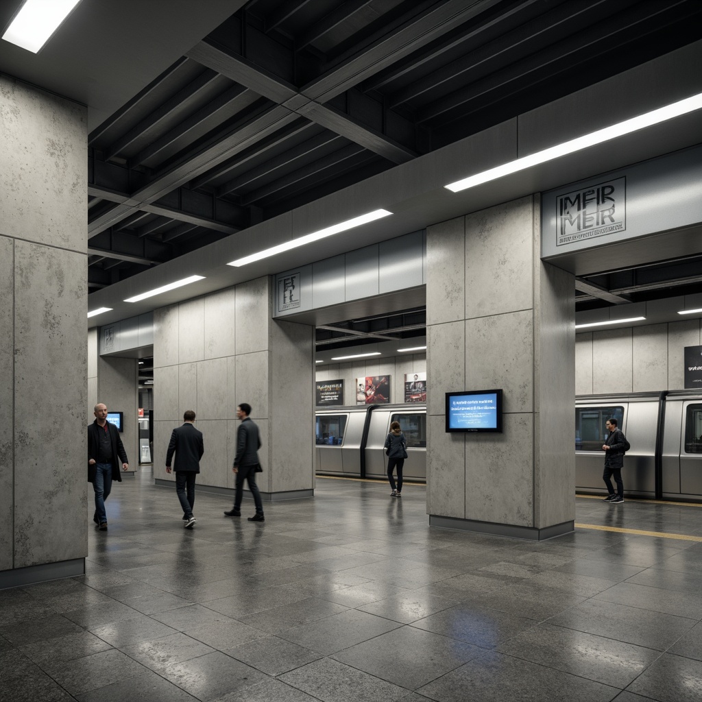 Prompt: Polished concrete walls, urban industrial vibe, modern metro station ambiance, sleek transitional style, neutral color palette, subtle texture contrast, stainless steel accents, LED lighting strips, minimalist signage, futuristic font styles, atmospheric misting systems, shallow depth of field, 1/2 composition, realistic reflective surfaces, ambient occlusion, dynamic cityscape views.