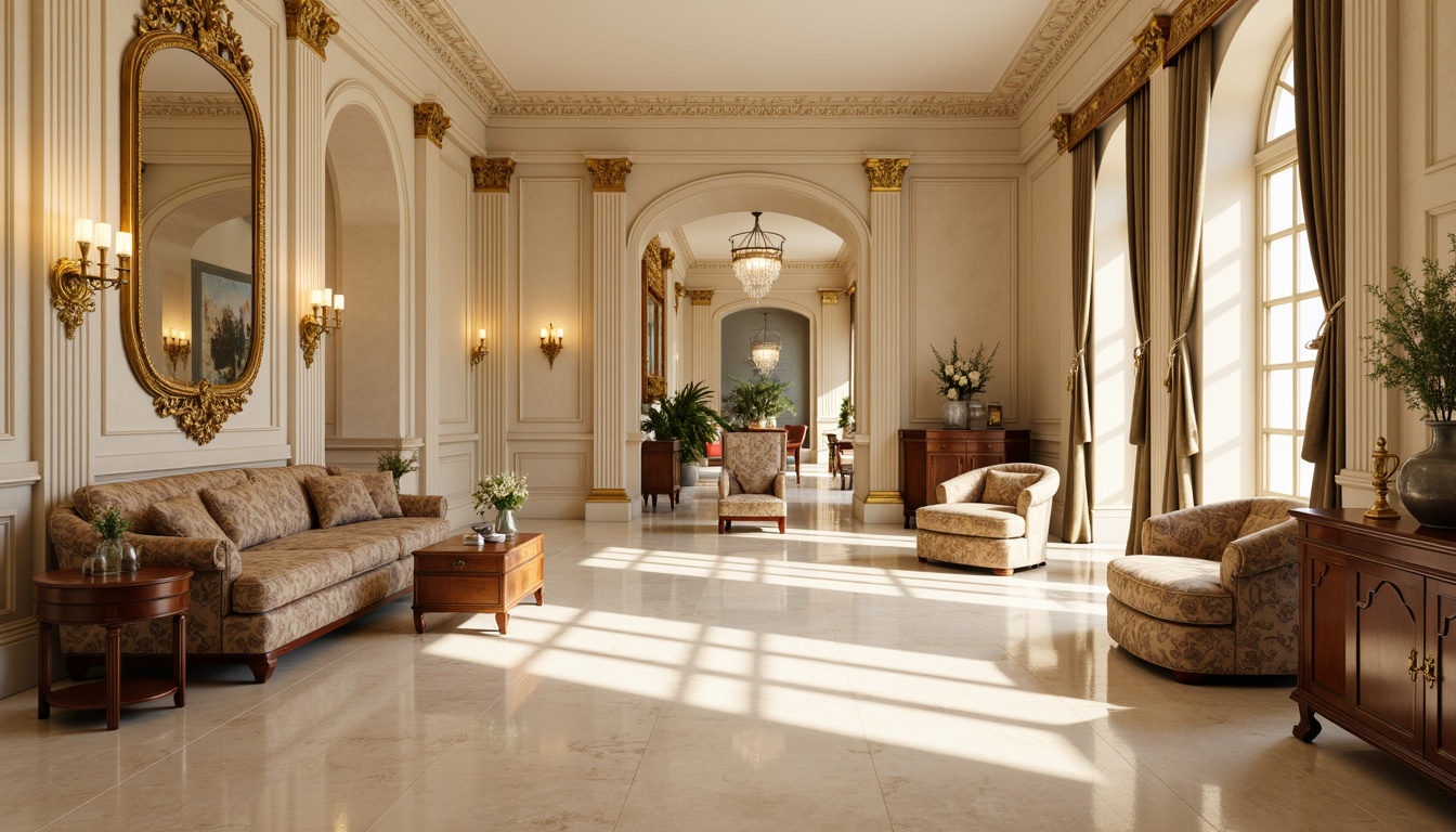 Prompt: Elegant neoclassical interior, cream marble floors, ornate gold molding, soft beige walls, rich walnut wood furniture, velvet upholstery, subtle floral patterns, intricate carvings, crystal chandeliers, ornamental mirrors, sophisticated ambiance, warm golden lighting, shallow depth of field, 1/1 composition, realistic textures, ambient occlusion.