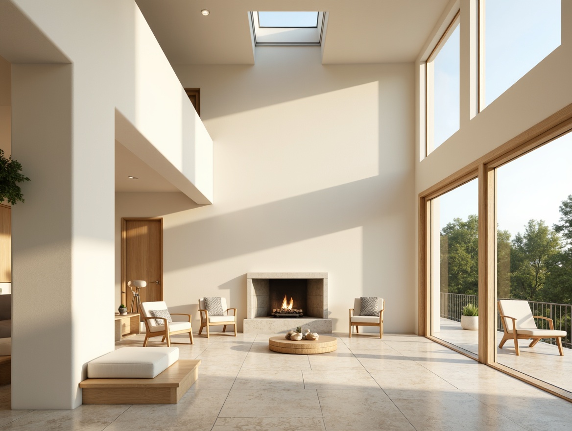 Prompt: Bright airy interior, large windows, sliding glass doors, minimal obstruction, reflective surfaces, light-colored walls, creamy white tones, warm beige accents, natural stone flooring, open-plan living space, high ceilings, clerestory windows, skylights, solar tubes, minimalist decor, unobstructed views, seamless transitions, organic shapes, gentle curves, soft diffused lighting, warm ambient glow, 1/1 composition, shallow depth of field, realistic textures, ambient occlusion.