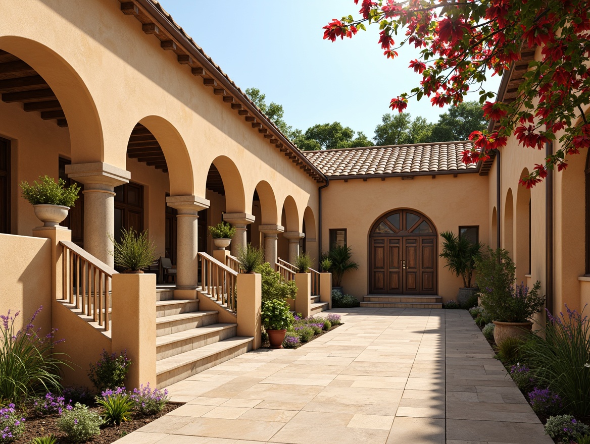 Prompt: Warm beige stucco walls, curved arches, ornate tile work, rustic wooden doors, wrought iron railings, terracotta roof tiles, creamy stone columns, lush greenery, vibrant bougainvillea, colorful ceramic pots, sunny day, soft warm lighting, shallow depth of field, 3/4 composition, panoramic view, realistic textures, ambient occlusion.