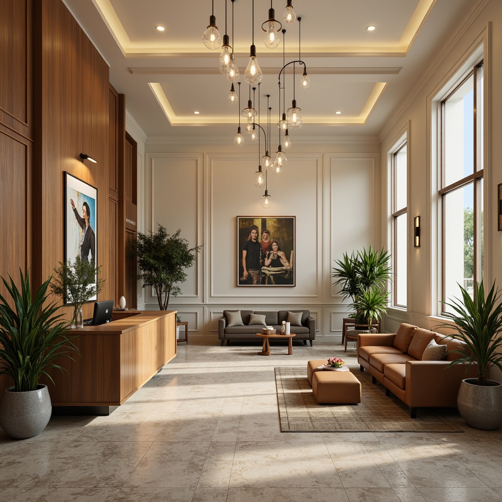 Prompt: Formal reception area, wooden desk, leather chairs, potted plants, natural stone flooring, modern chandeliers, cream-colored walls, elegant furniture, spacious waiting room, comfortable sofas, coffee tables, subtle lighting, 1/1 composition, realistic textures, ambient occlusion.