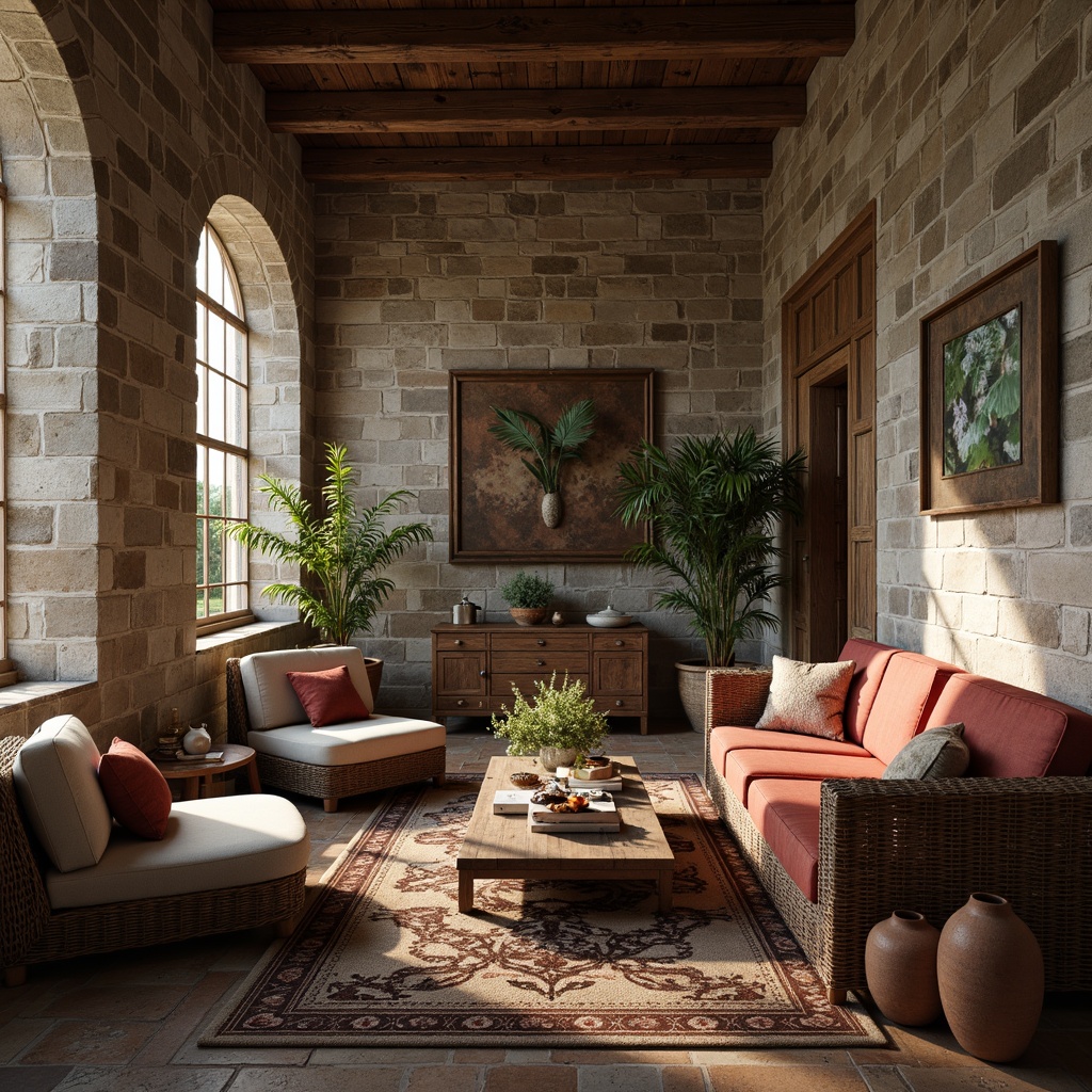 Prompt: Rugged stone walls, distressed wooden planks, weathered metal sheets, intricate tile patterns, ornate carved details, rich velvet fabrics, soft suede upholstery, woven wicker furniture, natural fiber rugs, earthy terracotta pottery, warm ambient lighting, shallow depth of field, 2/3 composition, atmospheric perspective, realistic textures, subtle normal mapping.