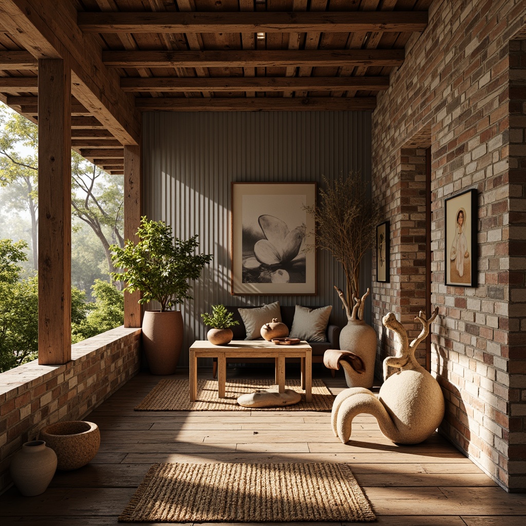 Prompt: Rustic wooden planks, weathered stone walls, distressed metal panels, vintage brick facades, earthy terracotta pots, woven wicker furniture, natural fiber rugs, organic free-form sculptures, abstract expressionist artworks, warm golden lighting, shallow depth of field, 1/1 composition, realistic textures, ambient occlusion.