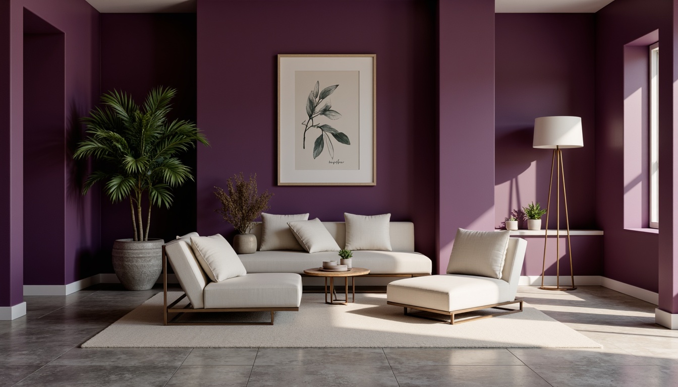 Prompt: Minimalist interior, calming atmosphere, rich plum walls, dark purple accents, creamy white furniture, sleek metal frames, subtle grey undertones, natural stone flooring, geometric patterns, abstract artwork, modern lighting fixtures, soft warm glow, shallow depth of field, 1/1 composition, realistic textures, ambient occlusion.