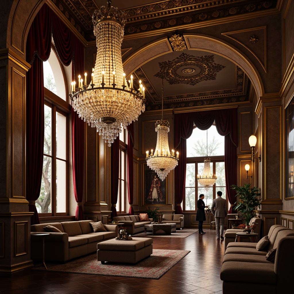 Prompt: Ornate chandeliers, crystal droplets, gilded metalwork, intricate carvings, rich velvety drapes, majestic archways, grandiose columns, opulent furnishings, lavish textiles, golden accents, soft warm glow, dramatic shadows, high contrast lighting, 3/4 composition, shallow depth of field, realistic reflections, ambient occlusion.