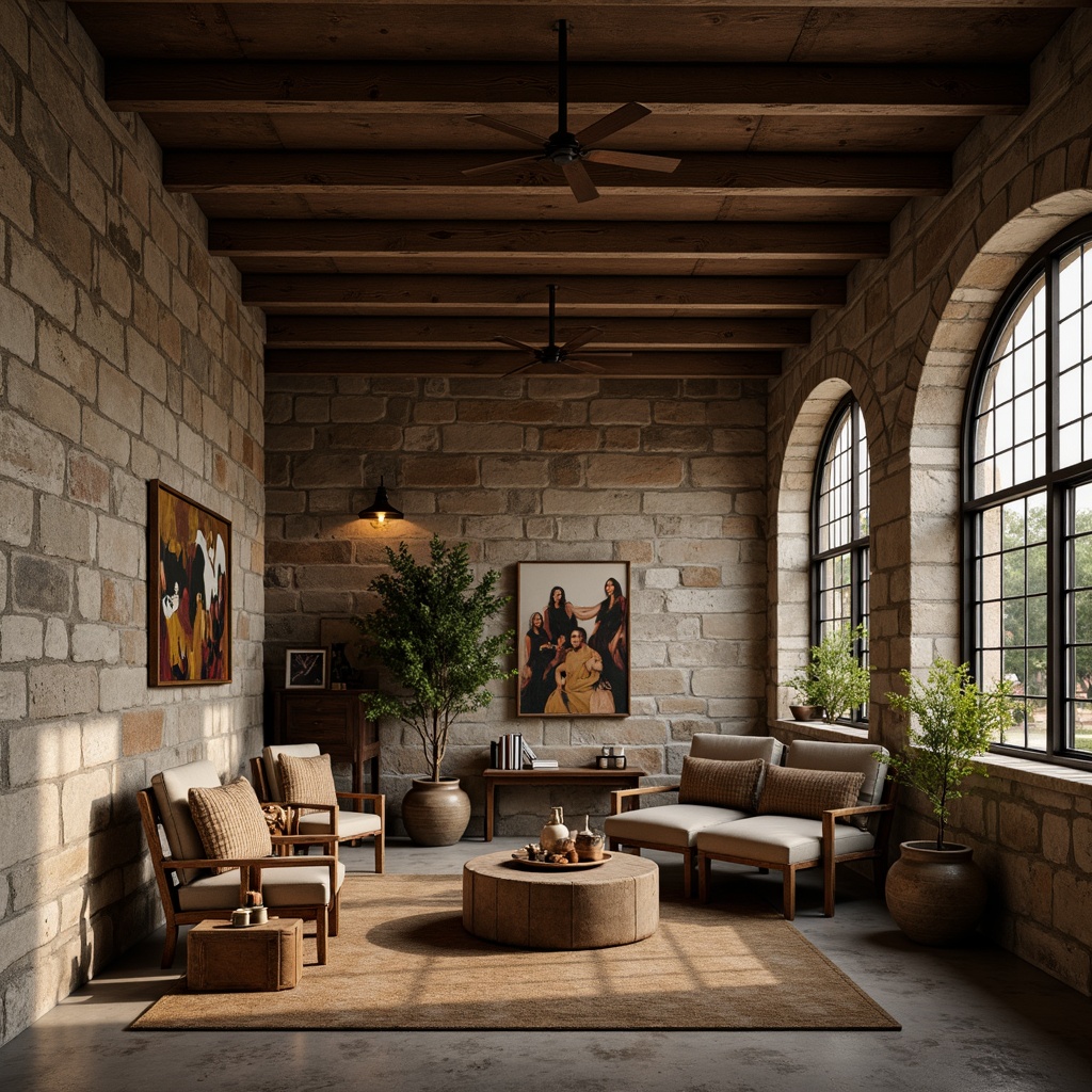 Prompt: Rough-hewn stone walls, earthy tones, natural textures, rustic charm, cozy ambiance, warm lighting, intimate spaces, industrial chic, exposed brick, distressed finishes, reclaimed wood accents, metal beams, urban loft atmosphere, high ceilings, open floor plans, minimalist decor, abstract artwork, moody color palette, dramatic shadows, low-key illumination, cinematic composition.