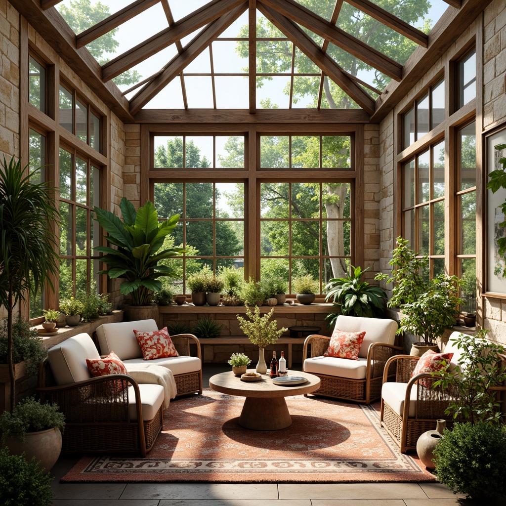 Prompt: Cozy sunroom, natural stone walls, large skylights, lush greenery, wicker furniture, plush cushions, warm textiles, vibrant floral patterns, decorative vases, rustic wooden accents, earthy tone color palette, soft diffused lighting, 1/1 composition, shallow depth of field, realistic textures, ambient occlusion.