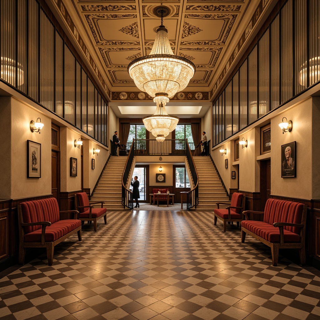 Prompt: Art Deco metro station, ornate metal gates, elegant chandeliers, geometric patterned floors, luxurious velvet sofas, curved wooden benches, bronze decorative accents, intricate mosaic walls, vintage luggage racks, antique clocks, grand staircases, lavish golden lighting, warm beige tones, sophisticated atmosphere, 1/2 composition, dramatic shadows, soft focus effect.