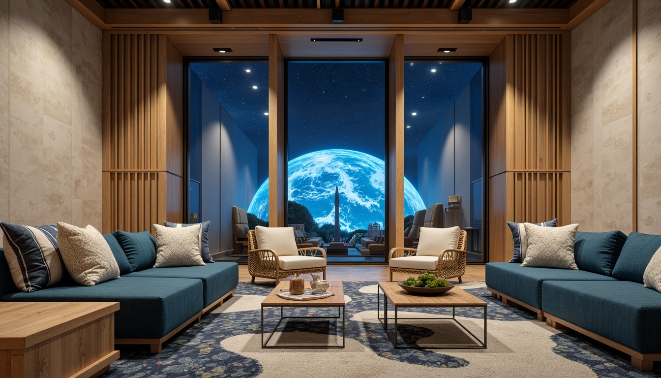 Prompt: Driftwood-finished cabinets, sea-salt-weathered wooden accents, ocean-blue upholstery, coral-inspired patterned rugs, wave-shaped sofas, nautical-themed decorative pillows, recycled glass coffee tables, woven wicker chairs, natural fiber textiles, soft beige walls, starry night sky projections, ambient LED lighting, 3D celestial body visualizations, interactive astronomy displays, minimalist metal frames, rustic wooden benches, coastal-scented aromatherapy, calming soundscapes, shallow depth of field, panoramic view.