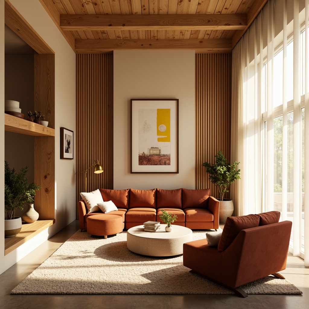 Prompt: Vibrant living room, warm beige walls, rich wood accents, plush velvet furniture, soft golden lighting, abstract art pieces, modern minimalist decor, calming atmosphere, natural stone flooring, earthy tone color scheme, cozy reading nook, floor-to-ceiling windows, sheer white curtains, airy feel, 1/1 composition, bright morning sunlight, subtle texture overlay.