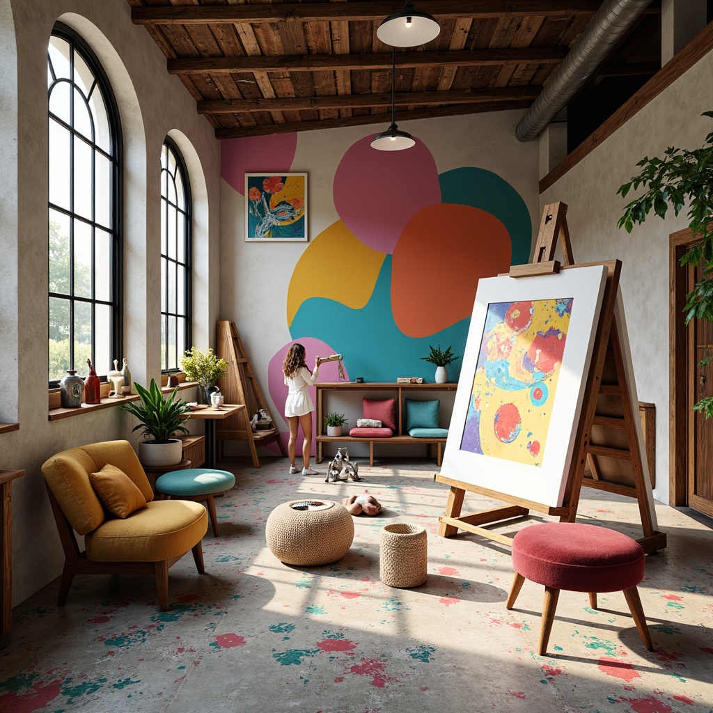 Prompt: Vibrant art studio, eclectic furniture, bold color blocks, pastel accents, artistic easels, paint-splattered floors, natural wood textures, industrial metal beams, large windows, soft diffused lighting, shallow depth of field, 1/1 composition, realistic renderings, ambient occlusion, warm atmospheric effects.