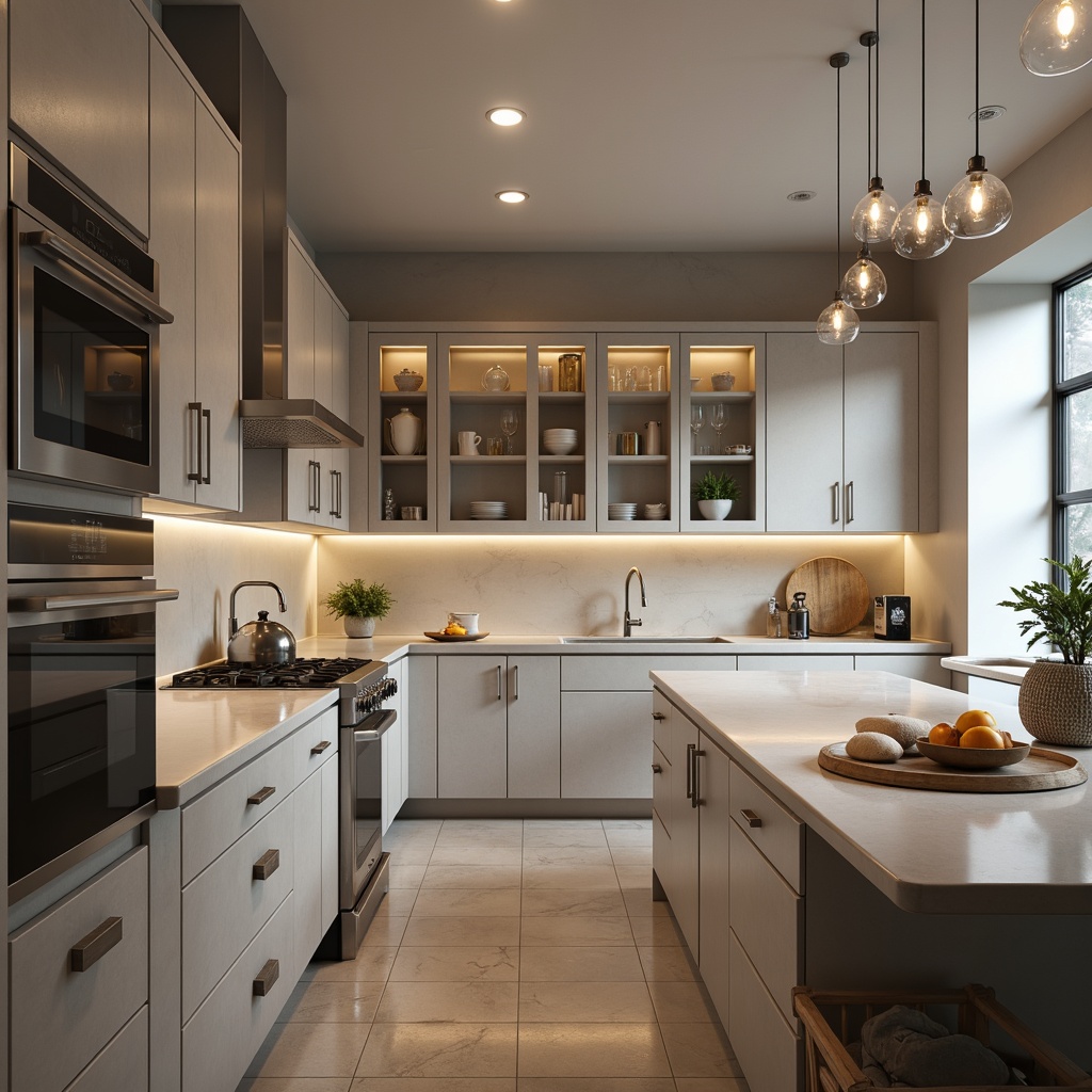 Prompt: Glossy countertops, streamline moderne cabinets, metallic handles, glass backsplashes, minimalist decor, neutral color palette, high-gloss finishes, chrome appliances, geometric patterns, sleek storage solutions, modern pantry organization systems, ambient lighting, soft shadows, shallow depth of field, 3/4 composition, realistic textures, warm and inviting atmosphere.