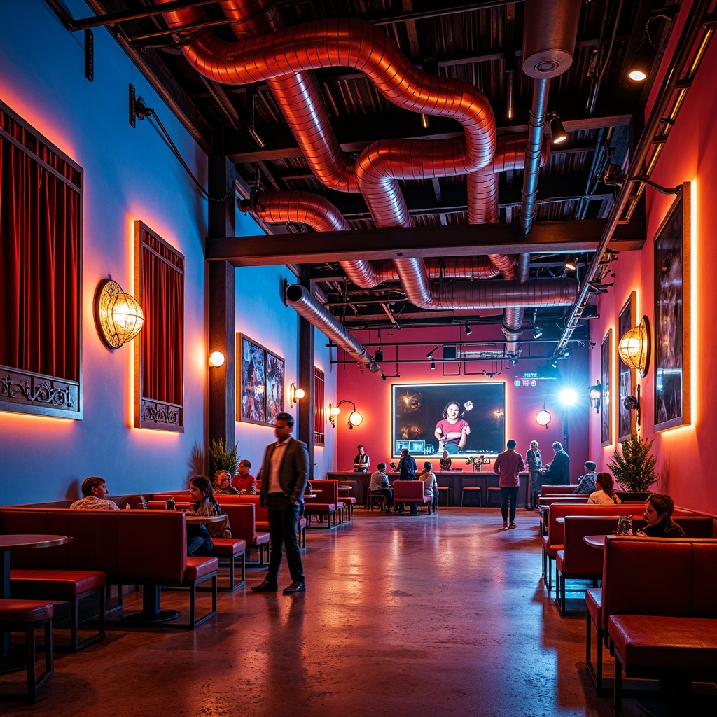 Prompt: Vibrant music venue, expressionist architecture, bold bright colors, neon lights, electric blue walls, fiery orange accents, deep crimson curtains, luxurious velvet textures, ornate golden fixtures, abstract geometric patterns, dynamic swirling shapes, eclectic mix of materials, industrial metal beams, reclaimed wood floors, dramatic spotlights, moody atmospheric lighting, intense shadows, 1/2 composition, cinematic angles, gritty realistic textures.