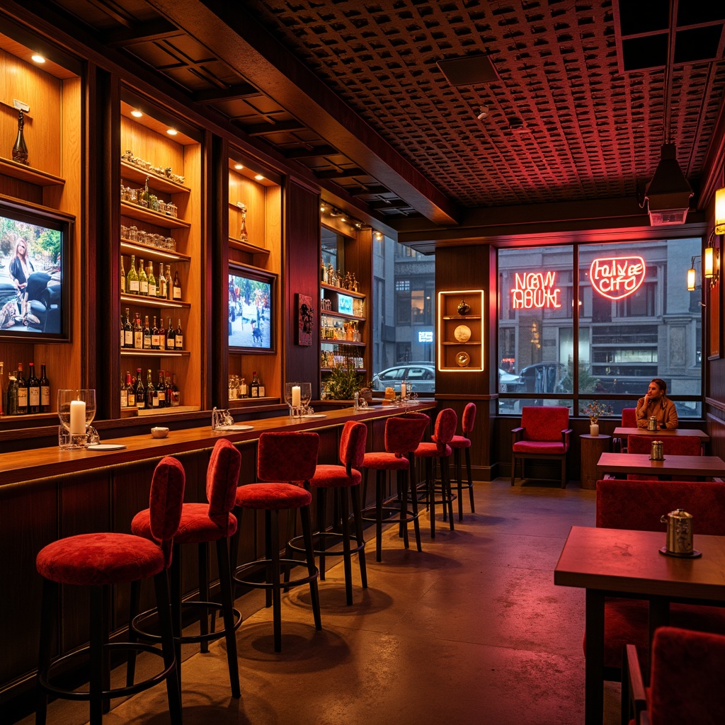 Prompt: Vibrant nightlife, trendy bar interior, rich wood tones, luxurious velvet fabrics, metallic accents, bold neon signs, eclectic artwork, urban cityscape, warm golden lighting, shallow depth of field, 1/2 composition, cinematic atmosphere, realistic reflections, ambient occlusion.