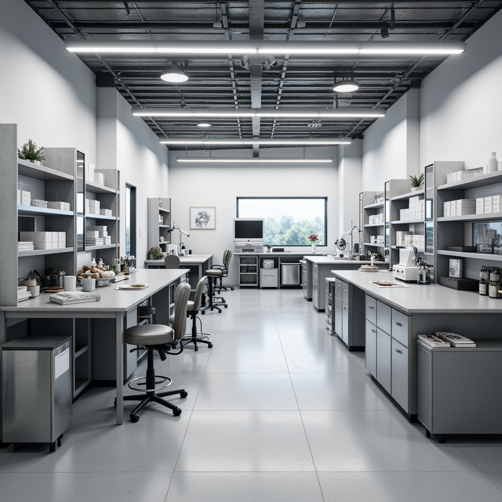 Prompt: Sleek laboratory setup, minimalist decor, monochromatic color scheme, industrial metal tables, ergonomic stools, simple shelving units, glass partitions, stainless steel equipment, modern LED lighting, softbox diffused lighting, shallow depth of field, 1/1 composition, symmetrical framing, clean lines, functional simplicity, clutter-free environment, subtle textures, ambient occlusion.