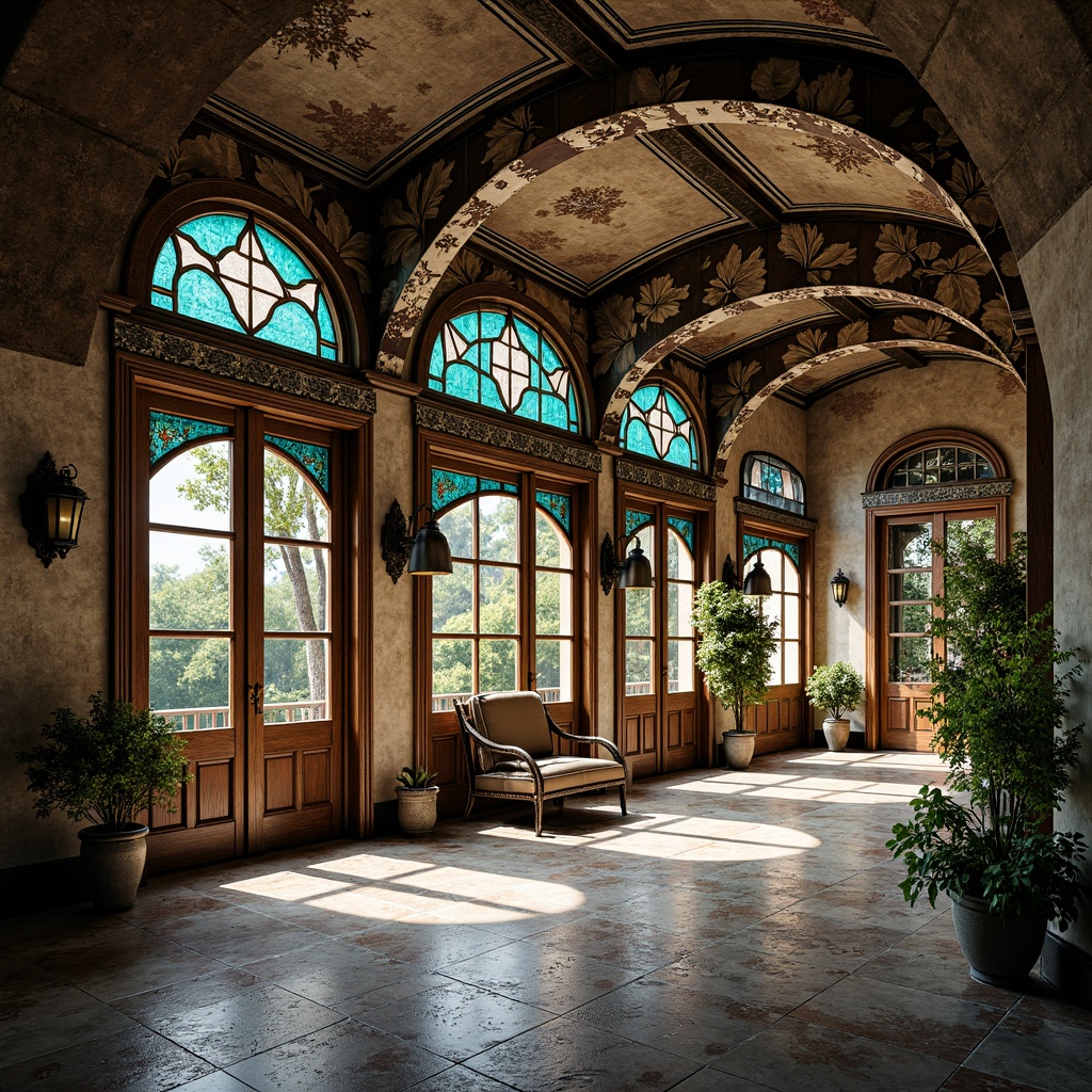 Prompt: Intricate ornate garages, flowing organic lines, botanical motifs, curved metal beams, stained glass windows, vibrant turquoise accents, distressed wood textures, ornamental ironwork, lavish decorative tiles, soft warm lighting, shallow depth of field, 3/4 composition, realistic reflections, ambient occlusion.