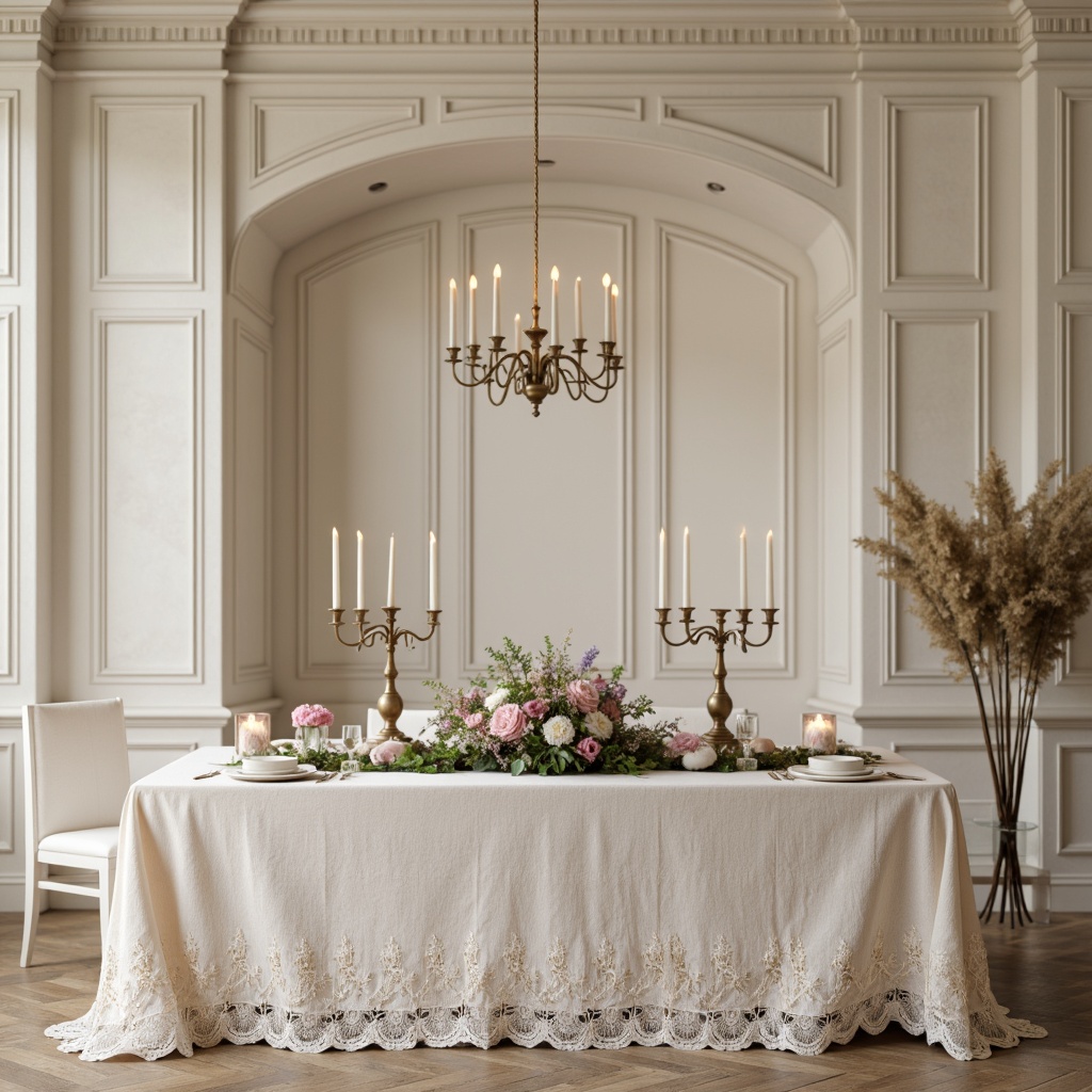 Prompt: Soft creamy whites, distressed wood tones, vintage pastel hues, muted blush pinks, gentle lavender shades, warm beige neutrals, subtle golden accents, delicate lace patterns, ornate metal details, rustic distressed finishes, floral motifs, natural linen textures, elegant candelabras, warm candlelight, soft focus photography, 1/2 composition, romantic ambiance.